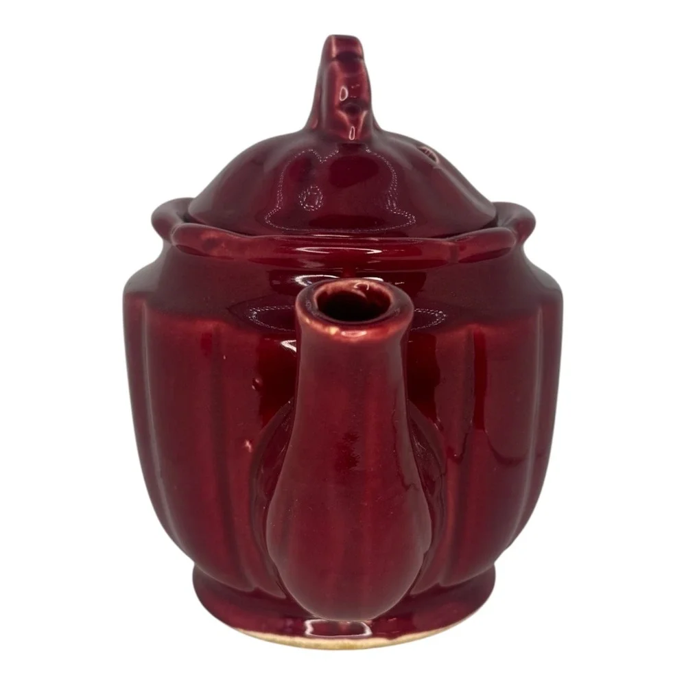 Vintage Shawnee  Burgundy‎ Red Ceramic Teapot 1940s Rosette Handle Finial Top 6